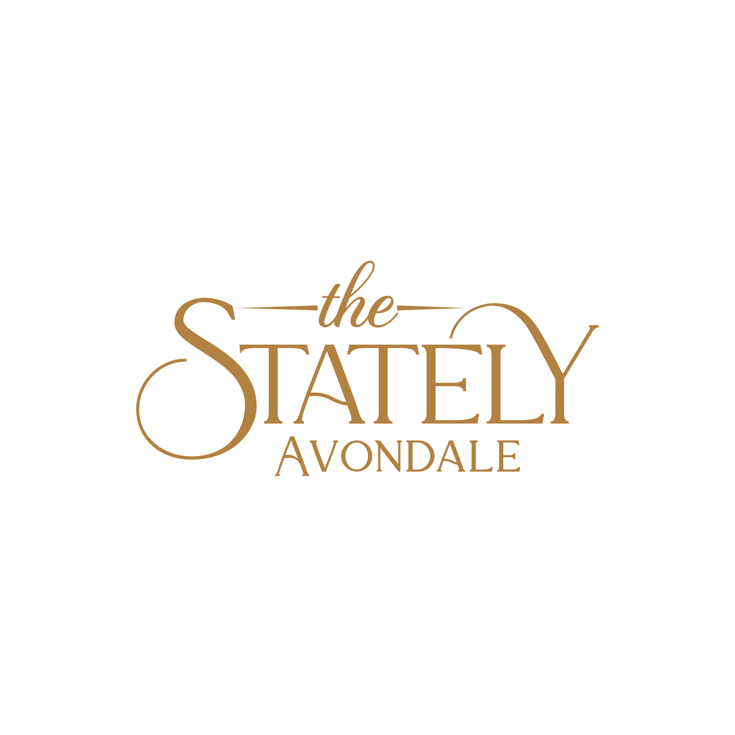 The image shows a logo with the text "the STATELY Avondale" in a golden script on a green background.